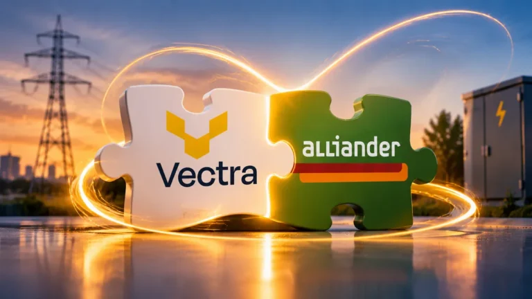 Puzzelstukken met de logo’s van Vectra en Alliander als symbool voor de samenwerking in infrastructuur.